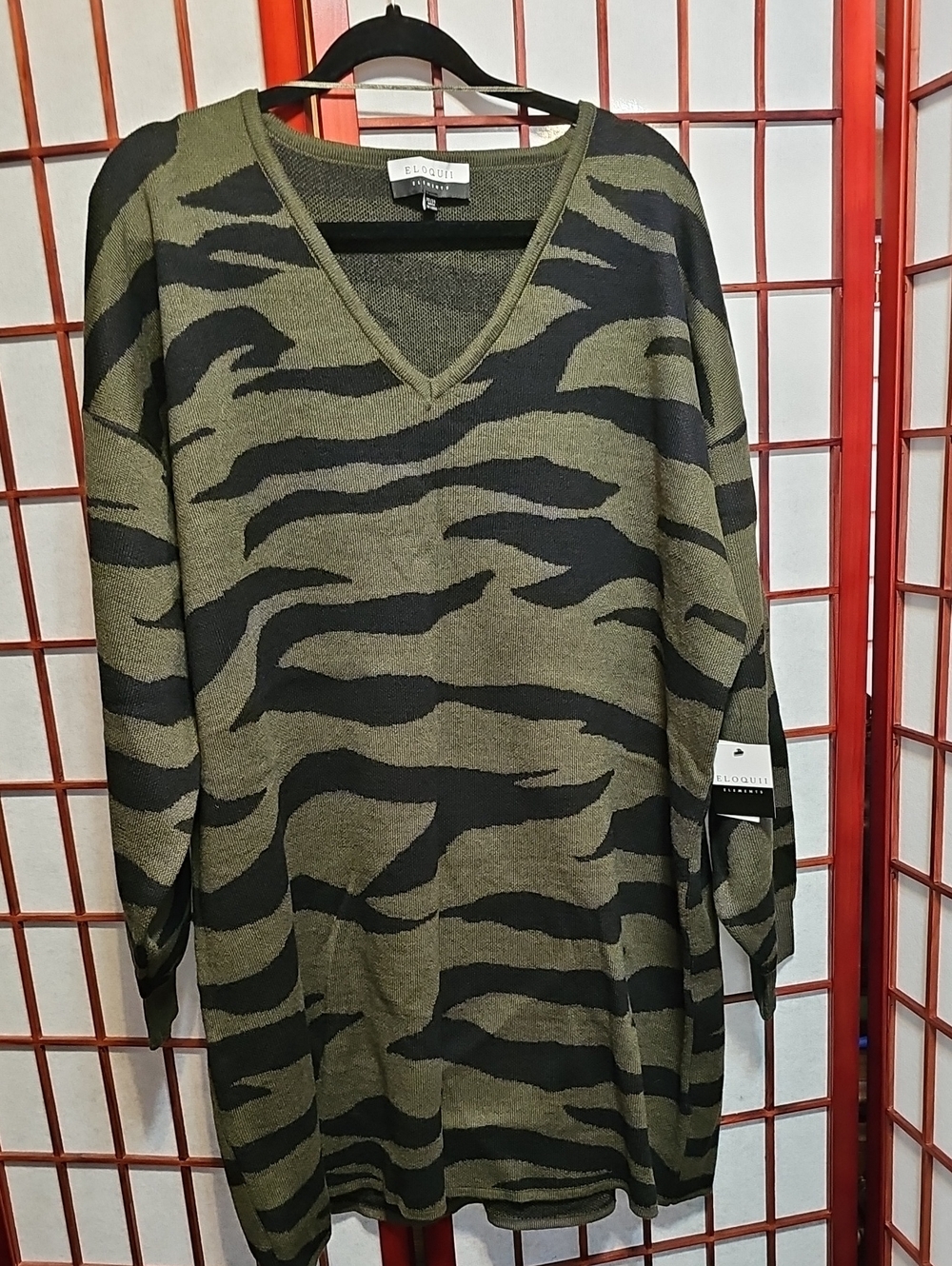Eloquii Olive & Black V-Neck Zebra Print Tunic Sweater